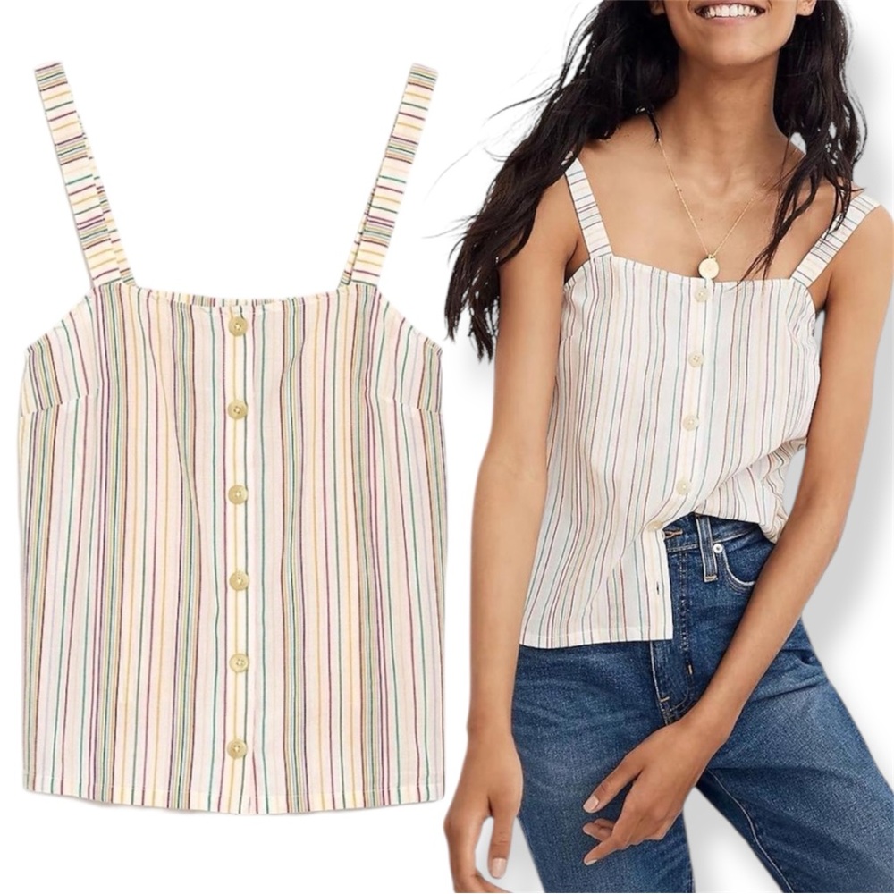 Madewell Button-Front Cami Tank Top in Textural Rainbow Stripe Women Size L
